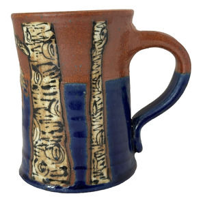 Stoneware Pottery Mug/Cup Handmade Raw Clay Studio Art Tree/Leaves Blue/Brown